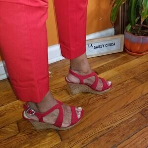 Neiman Marcus  Size 7.5 Red Suede Wedge Sandal Criss Cross Shoes